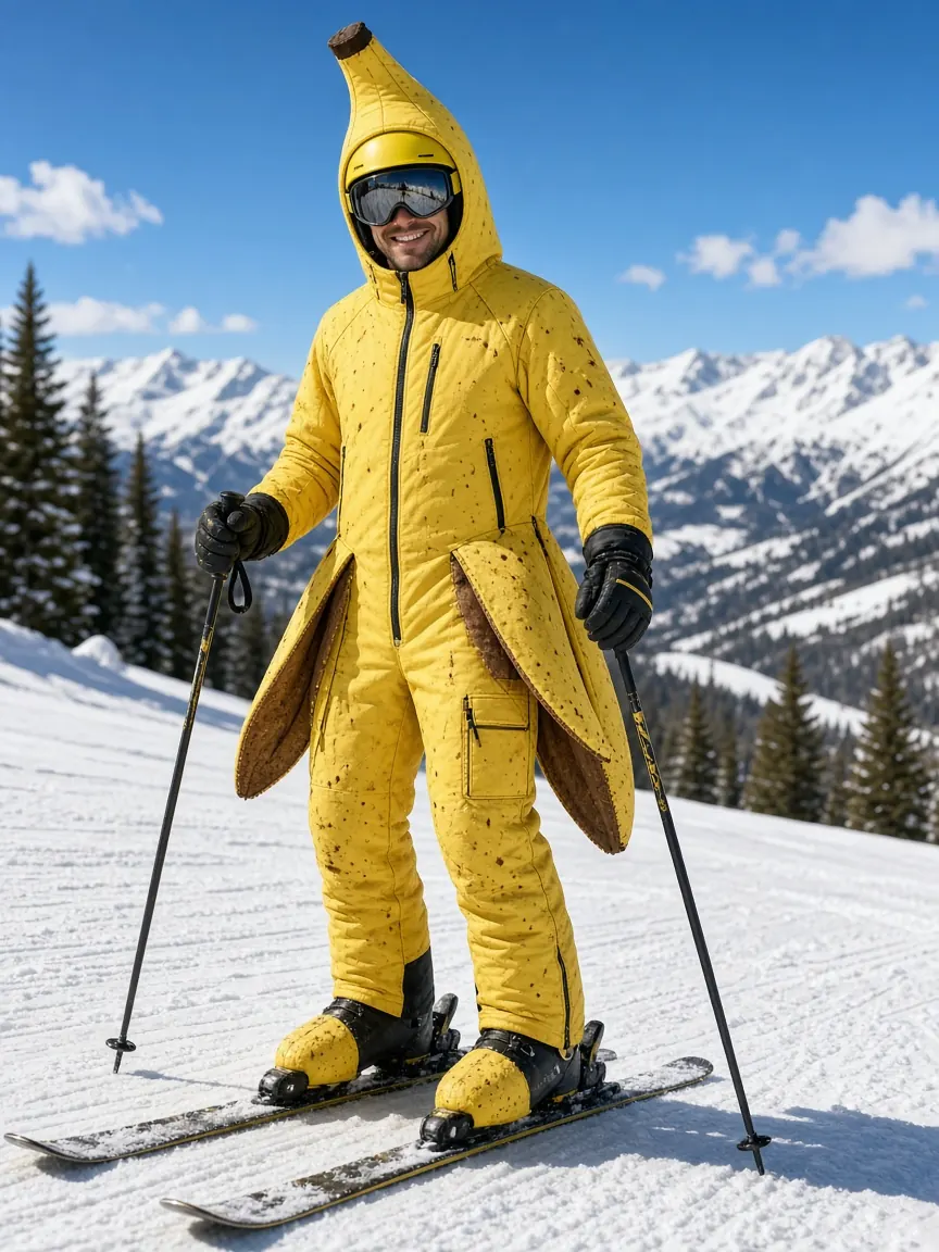 Banana ski onesie on the slope (concept)