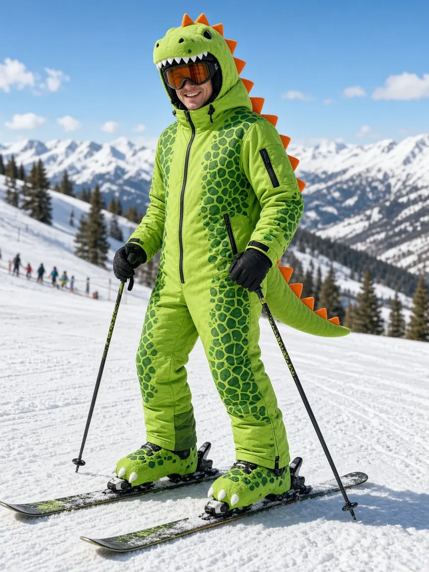 Dino ski onesie on the slope (concept)