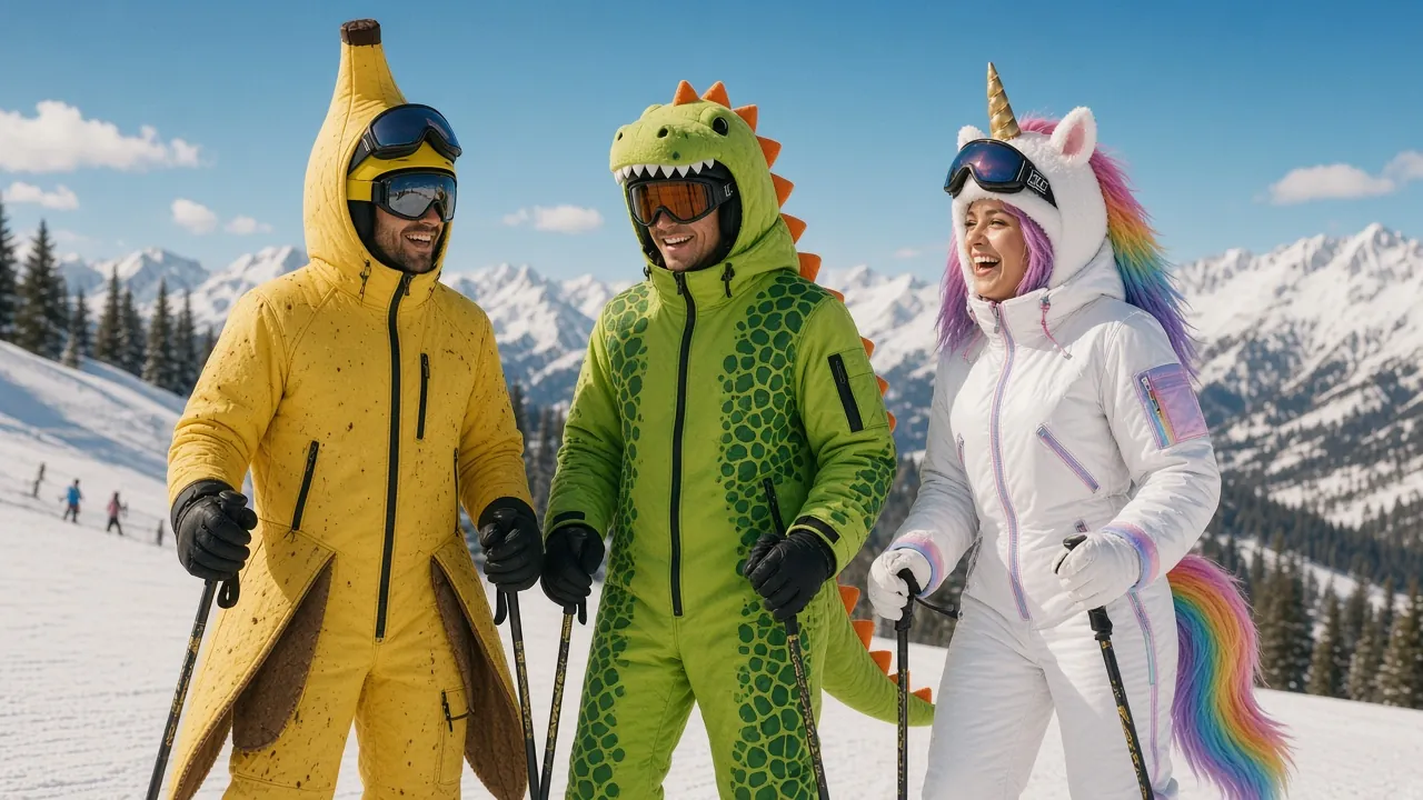 Three friends on a ski slope in banana, dino and unicorn ski onesies (concept render)