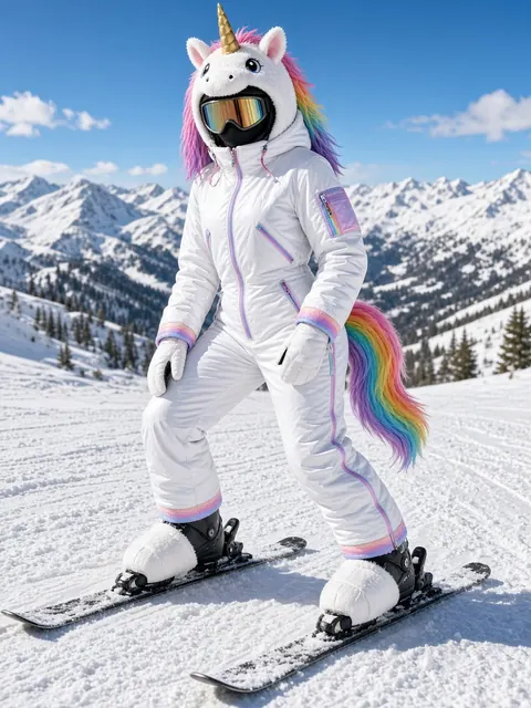 Unicorn ski onesie on the slope (concept)
