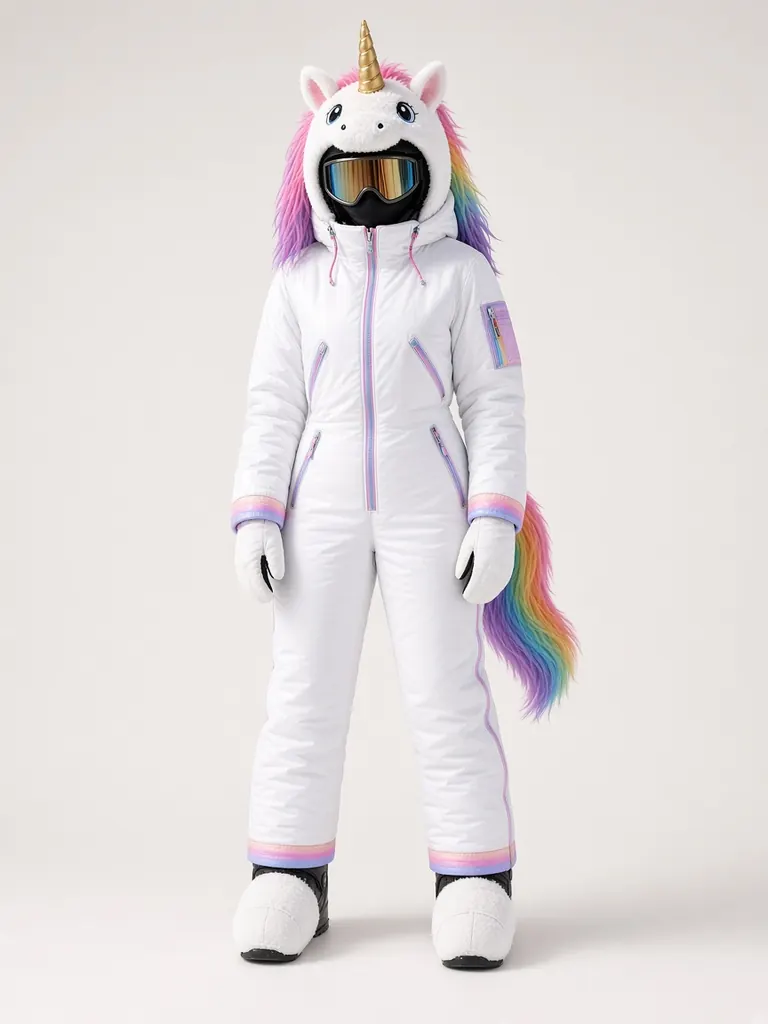 Unicorn Ski Onesie, front, studio (concept render)